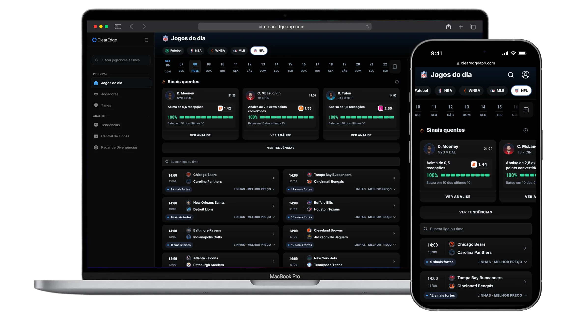 ClearEdge on desktop and phone showing NFL analysis.